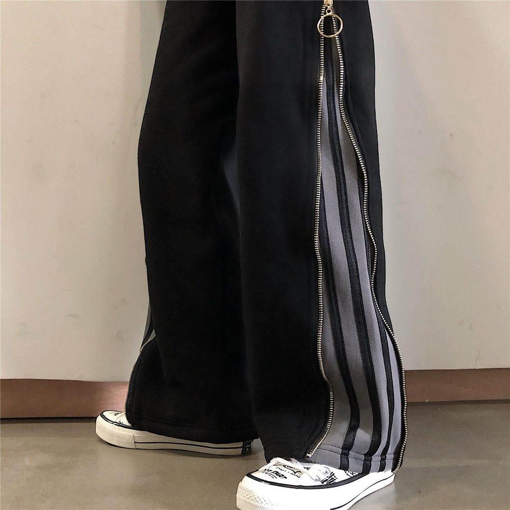 Jarné a jesenné široké nohavice športové pruhované plus zamatový zips farebne zladené ležérne nohavice voľné boky bedrové rovné rúrky dámske nohavice Tide