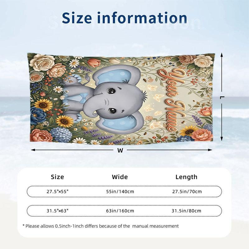 Elephant Theme Beach Towel Personalized Custom Name & Text Soft Quick Dry Beach Towel for Swimming Travel