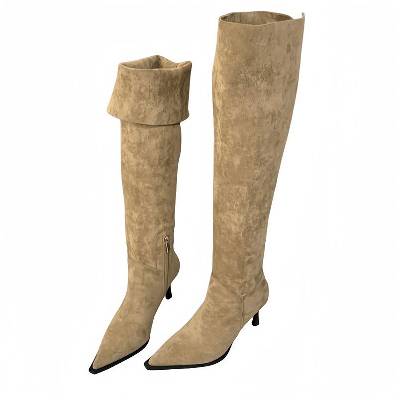 Pointed high-heeled over-the-knee boots women's 2025 new autumn French khaki fine-heeled pleated stacked boots knight boots