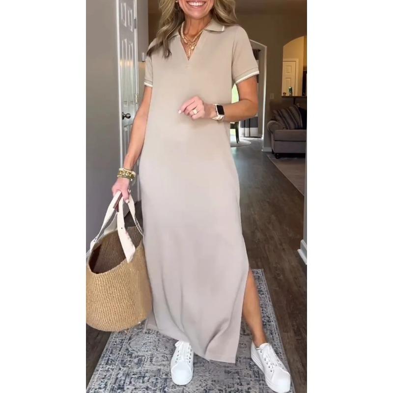 Women's Solid Color Polo Collar Short Sleeve Split Side Loose Fit Maxi Dress Casual Sheath Dress