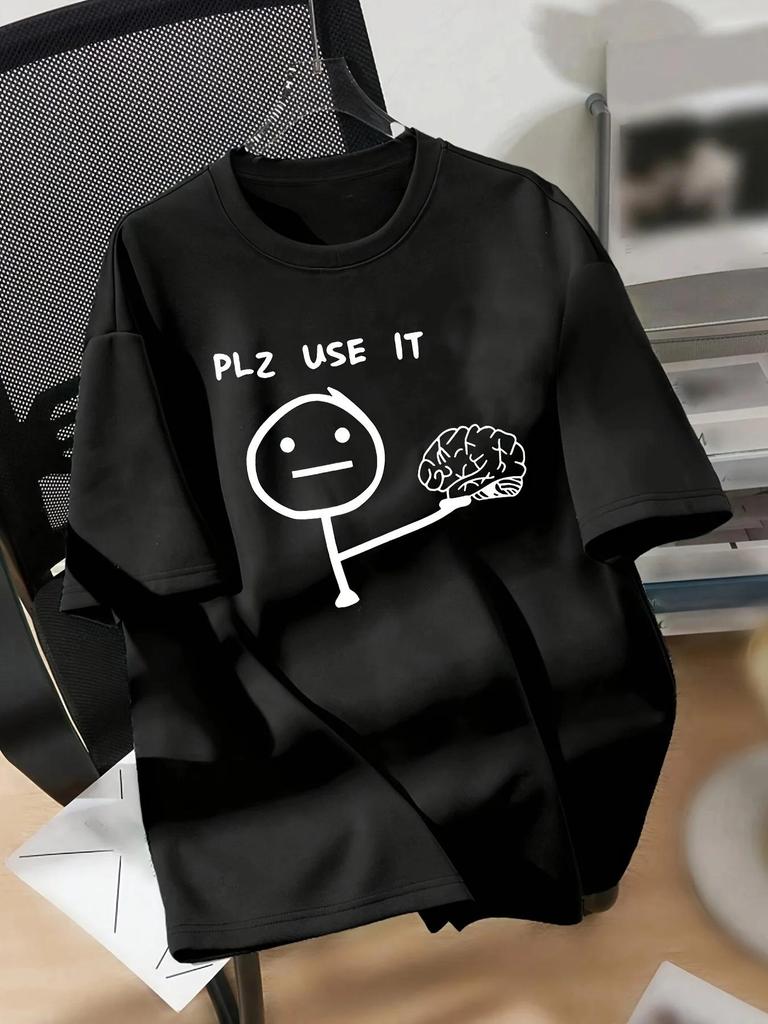 Women's Casual Graphic Tee - "Plz Use It" Cartoon Brain Design Short Sleeve Crew Neck Ladies T Shirts