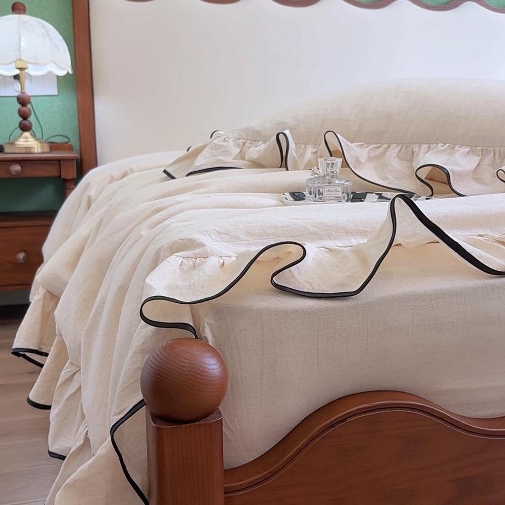French Large Lace Cotton & Linen 4-Piece Set: Soft, Skin-Friendly Solid Color Bedding with Fitted Sheet
