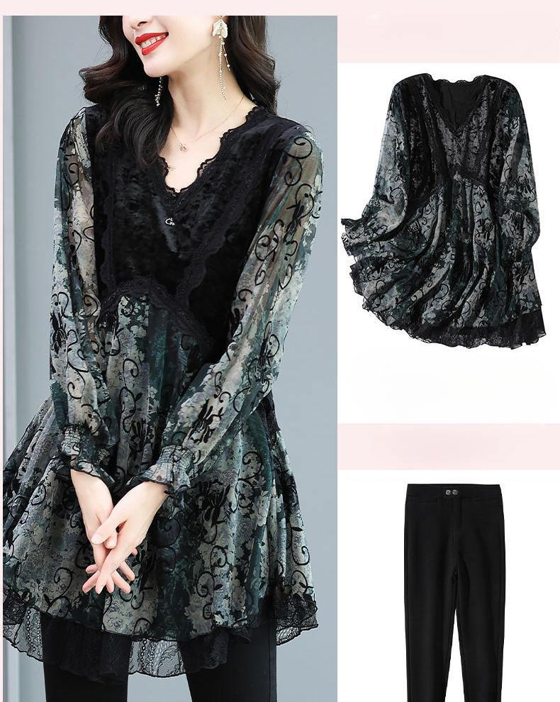 Camisa de chiffon plus size da moda feminina primavera/outono blusa de retalhos com decote em V