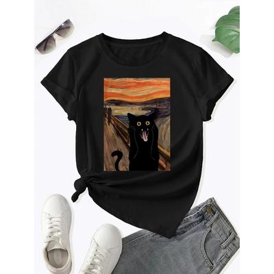 Bang Kat Print Crew Neck Dames T-shirt Casual Top met Korte Mouwen voor Lente Zomer Y2k Top Dameskleding Y2k Top
