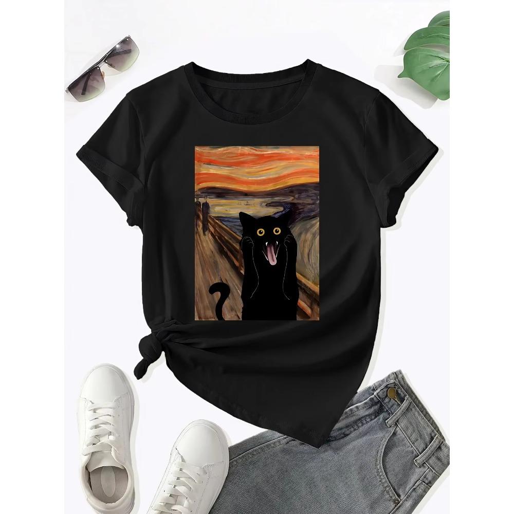 Scared Cat Print Crew Neck Women's T-shirt Casual Short Sleeve Top for Spring Summer Y2k Top Women's Clothing Y2k Top