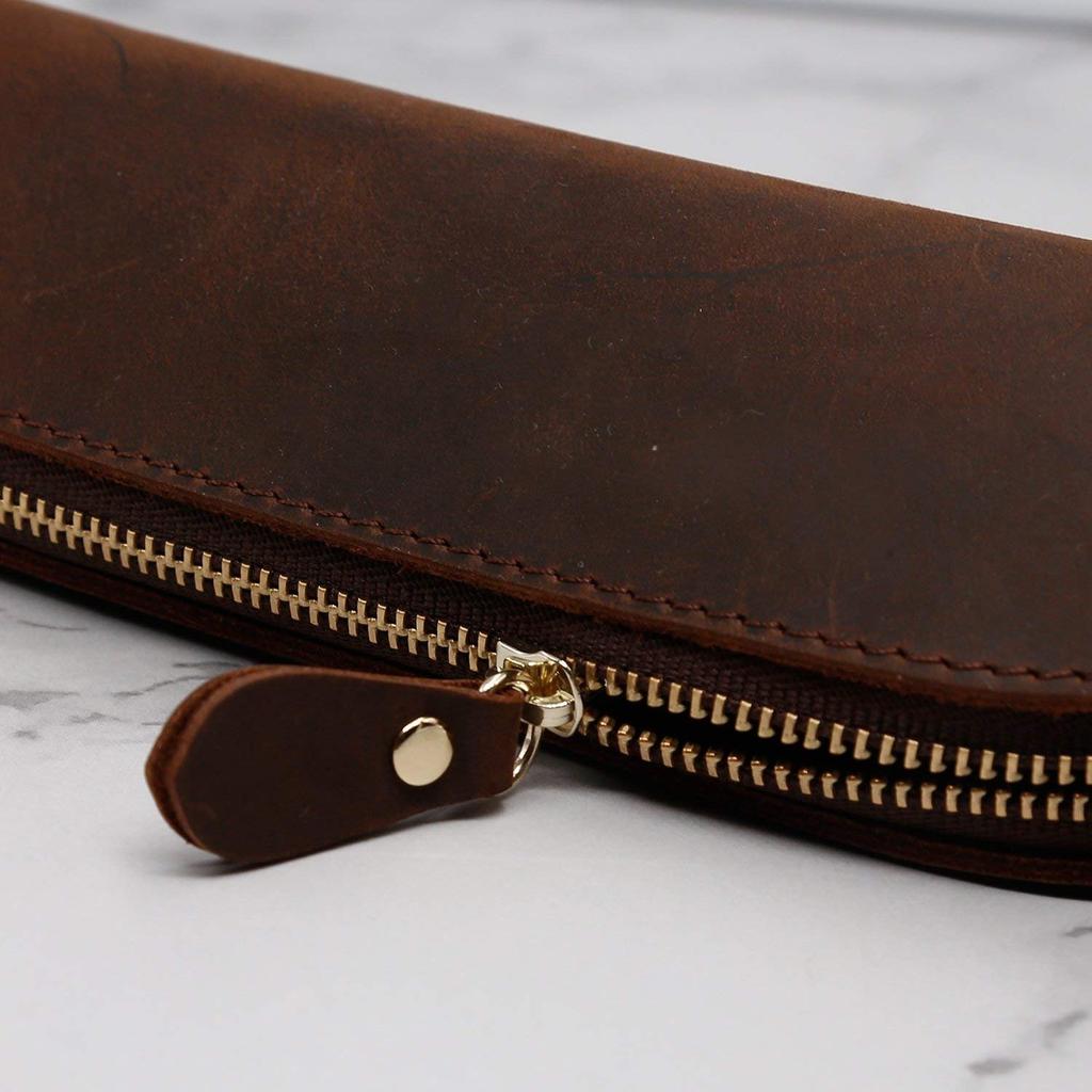 Collasaro Handmade Leather Pencil Case, Large Capacity, Stylish, Slim, and Simple (Brown)
