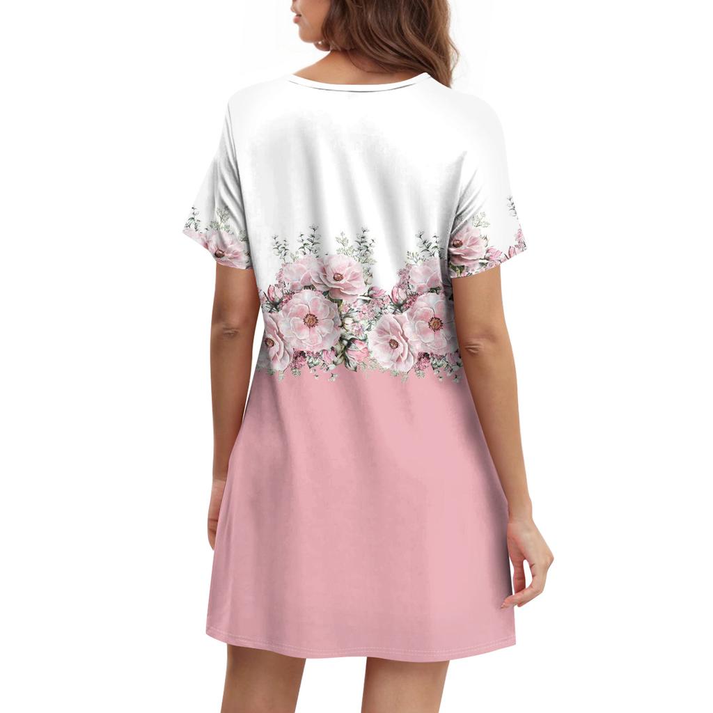 Abiti estivi casual da donna con scollo rotondo, plissettati, tasche e maniche corte stampate