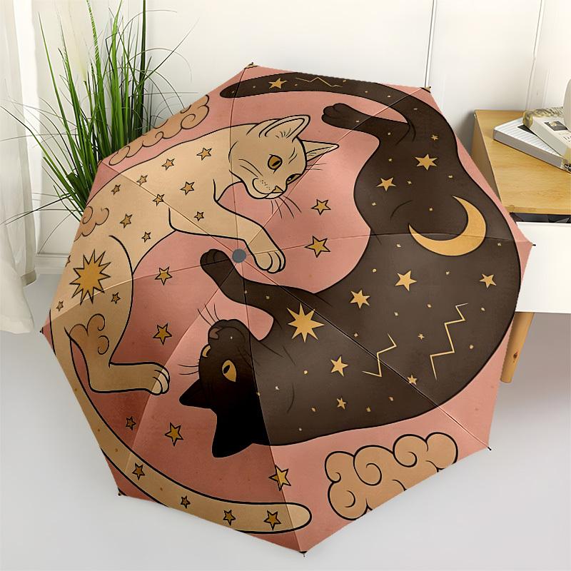 

1pc Starry Night Yin-Yang Cats Umbrella with Plastic Handle,Suitable for All Seasons Home Travel Outdoor UmbrellaB1581