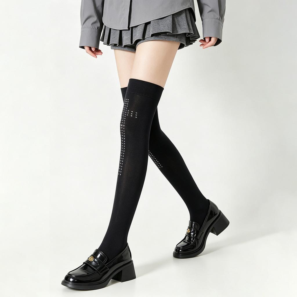 Y2k Gothic Cross Embellished Over Knee Socks With Velvet Material For Streetwear Fashion