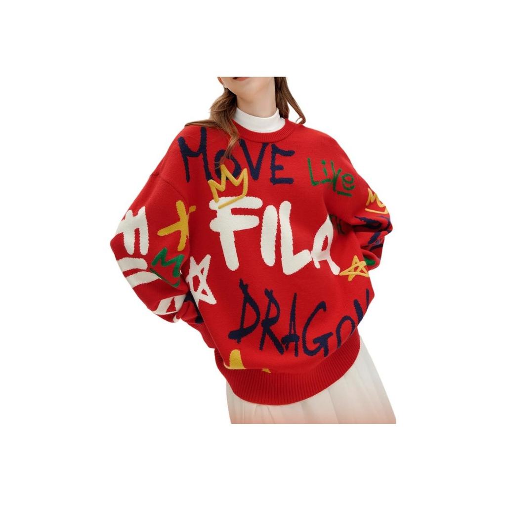 FILA Da Da Dragon Series New Year Couple Knitted Sweater With Color Block Fun Handwritten Pattern Unisex Sweater Legendary-Red F11U419402F-RD