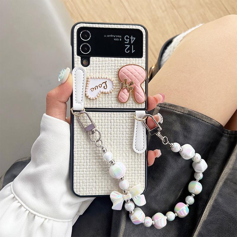 For Samsung Z Flip5 Flip Cover, ZFold4 Colorful Bead Handle Chain with Small Rabbit Heart Design
