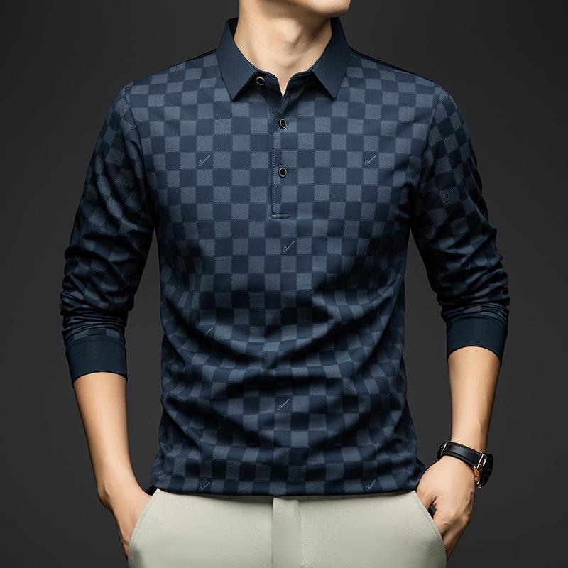 Мужские поло Осень Бизнес Приталенные с длинным рукавом Футболка Мужская Повседневная Свободная Пуловер В клетку Мужские Топы и футболки S