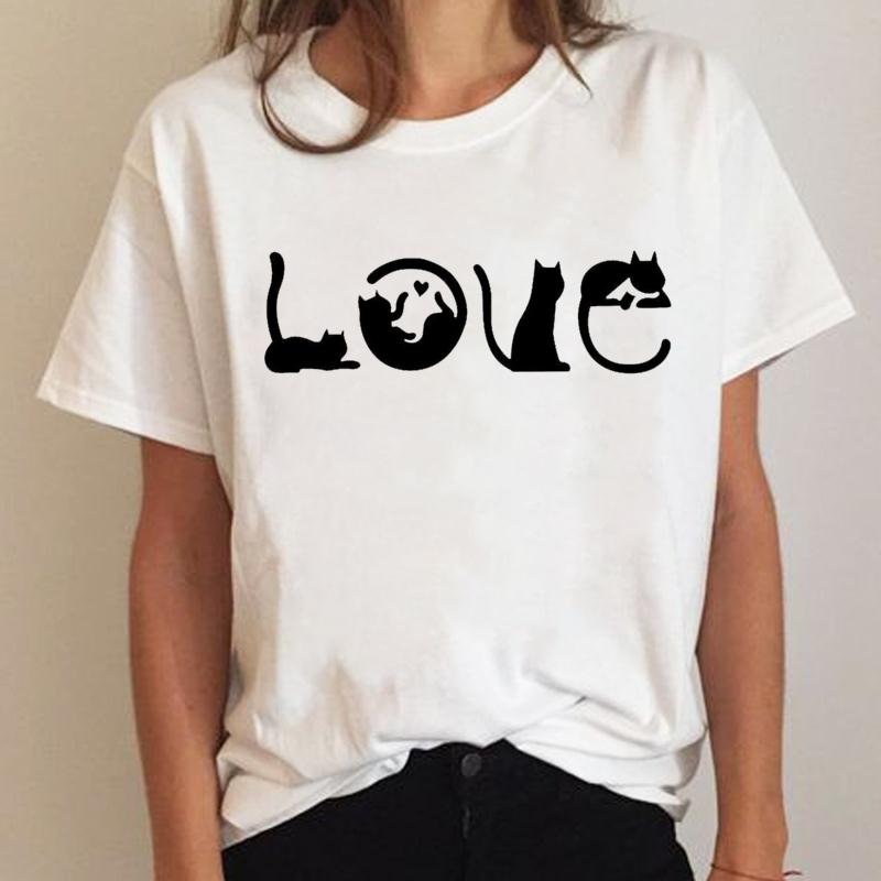 

Women Short Sleeve Fashion Clothing Clothes Graphic T Shirt Cat Sweet 90s Trend Summer Tee Ladies Cartoon T-shirt Female Top S