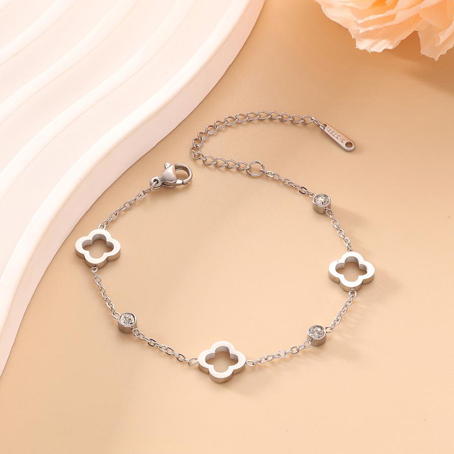 2 in 1 Titanium Steel Fashion Hollow Clover Flower Women's Bracelet Earrings Light Luxury Premium Zircon Set