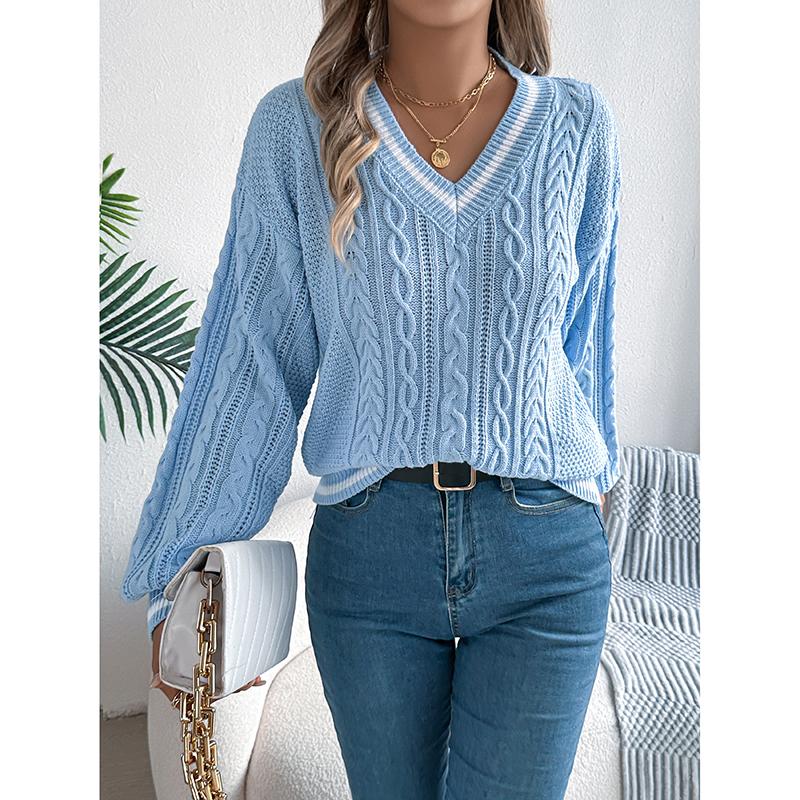 Women's Sweater Fashion Style Casual Autumn Winter New Color Blocking V-Neck Fried Dough Twist Lantern Long Sleeved Sweater