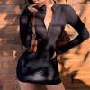 Women's Long-sleeved Zipper V-neck Black Tight Short Dress