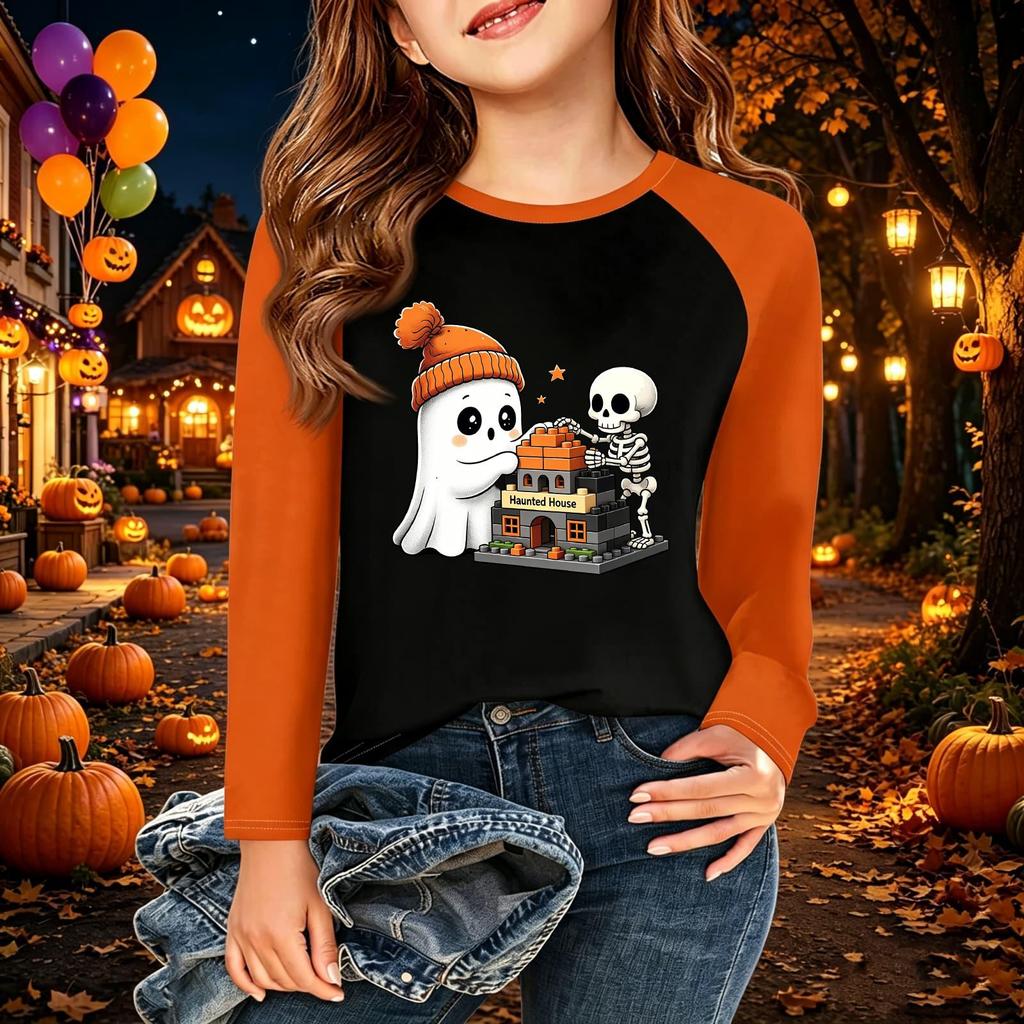 Kids' Halloween Printed Long Sleeve Neck T-Shirt for Casual Wear