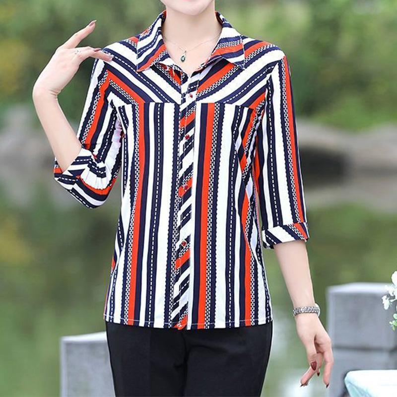 Office Lady Casual Fashion Striped Printed Button Shirt Summer New Polo-Neck Half Sleeve Loose Cardigan Tops Ladies Clothes