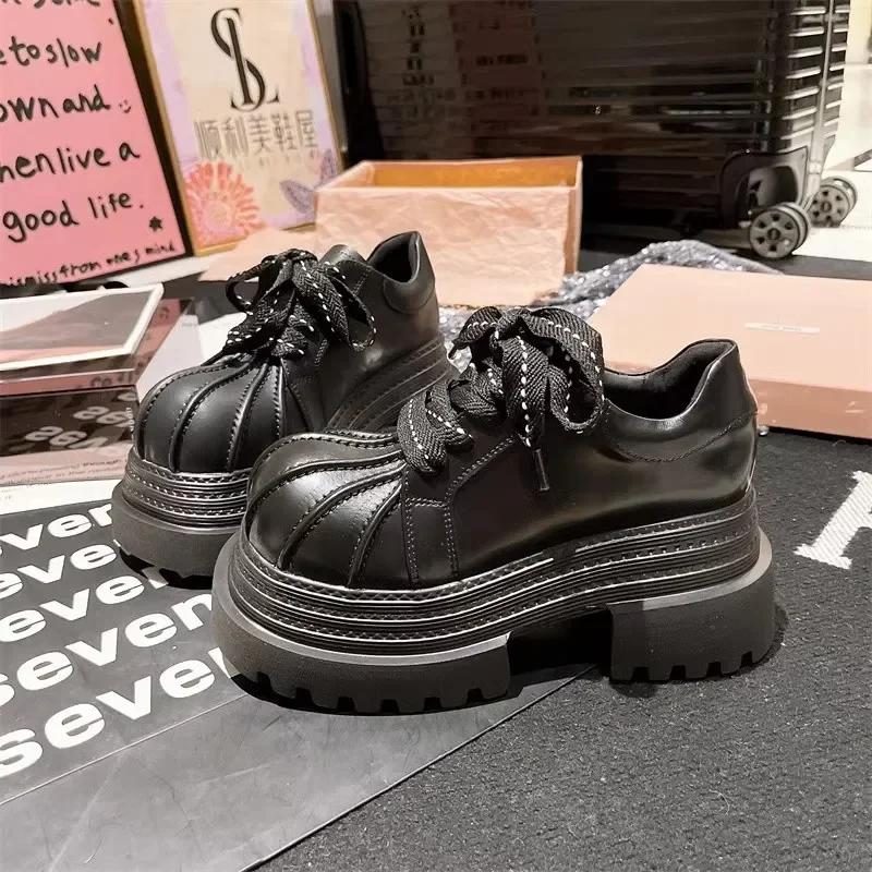

Женские туфли на толстой подошве 10 см, на шнуровке, с толстой платформой и ракушкой, маленькие кожаные туфли, новые, Zapatillas De Mujer 40 чёрный