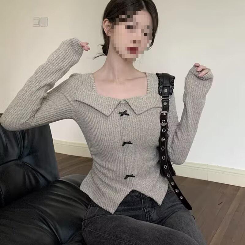 Korean Chic Long-Sleeved Knit Top for Women - Slimming Cropped Autumn/Winter Style