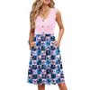 Women Summer Printing Dresses Sleeveless Casual Loose Swing Button Down Midi Sundress With Pockets