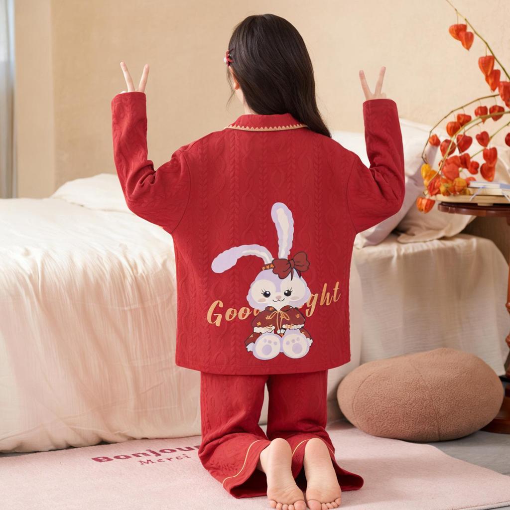 2026 Year of the Rooster Red Girls' Korean Style Cotton Pajamas - Parent-Child Long Sleeve Winter Homewear