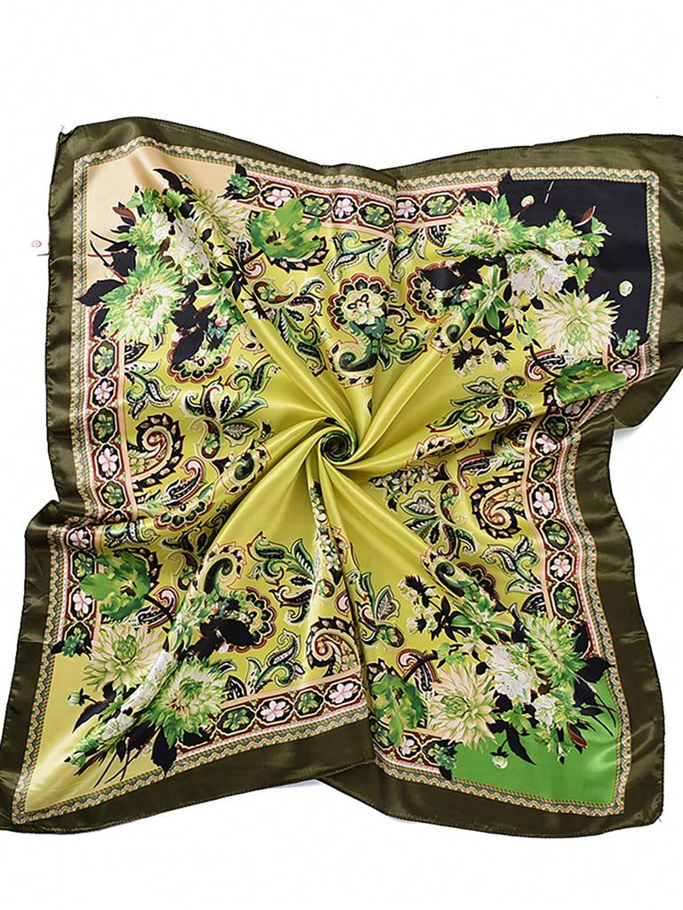 Satin Square Scarf Women Floral Hijab Elegant Print Silk Neckerchief Shawl Wraps Headband Handle Hair Accessories Bandana