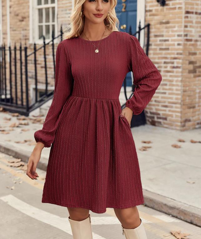 Women's Casual Jacquard Knitted Dress Casual Pockets O-Neck Long Sleeve A Line Dresses For Women Elegant Office Dresses Outwear