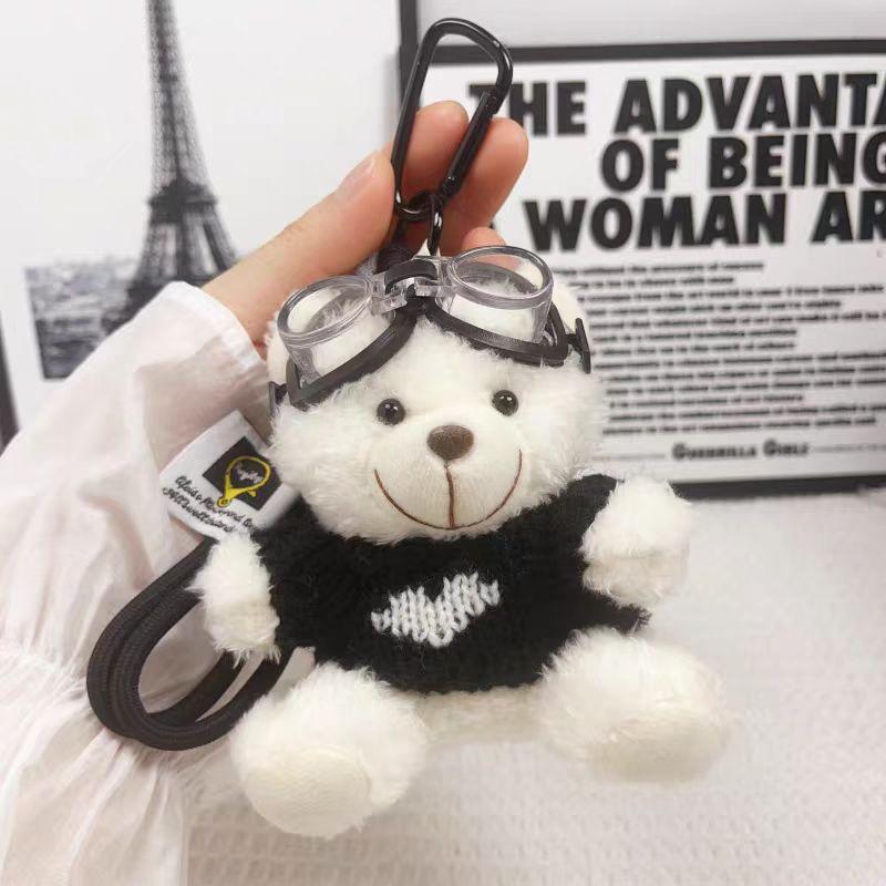 Cute Pilot Bear Plush Keychain - Soft Stuffed Animal Bag Charm with Goggles