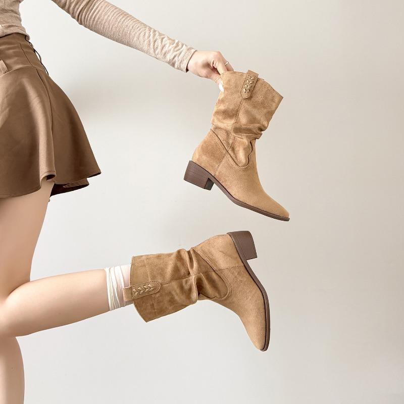 Leopard print hairy medium tube women's boots autumn and winter short boots thin heel trouser tube boots pointed high heel boots