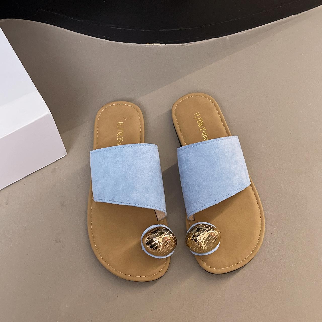 

Ретро набор тапочек с открытым носком женские 2025 весна и лето новая обувь мягкая подошва пляжная обувь сандалии на одной педали 36 светло-синий