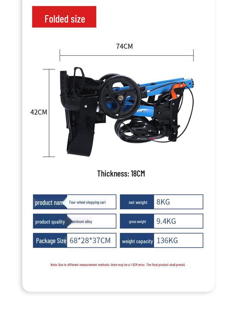 Senior Four-Wheel Walker with Brakes, Cushion, and Storage Bag for Outdoor Use