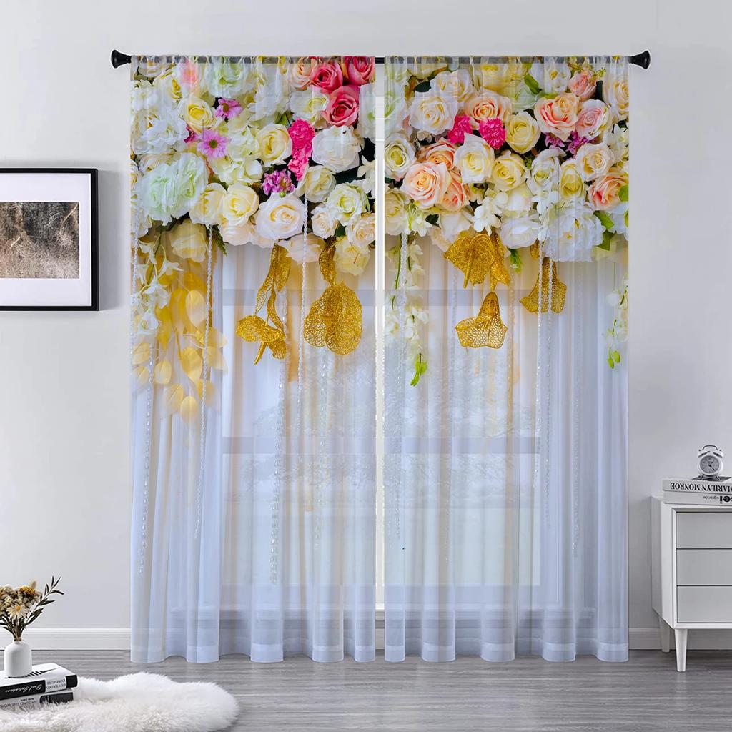 Flower Wall Voile Curtains Living Room Bedroom Decoration Transparent Chiffon Tulle Curtain Kitchen Window Treatment Sheer Polyester Sitting Decor