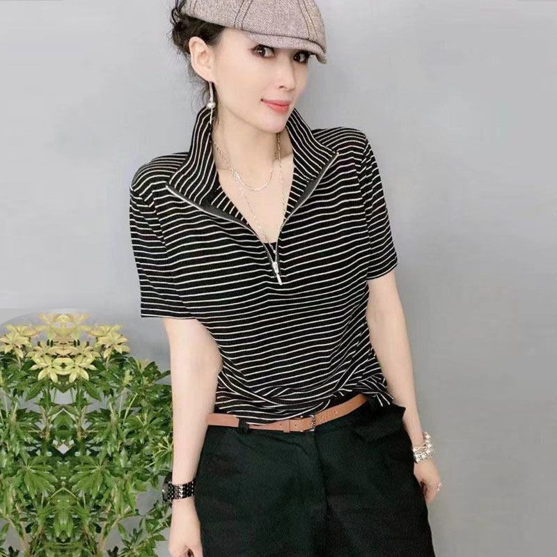 

European Station White Short Sleeve Loose Zip Pure Cotton T-shirt 6605 stripes L