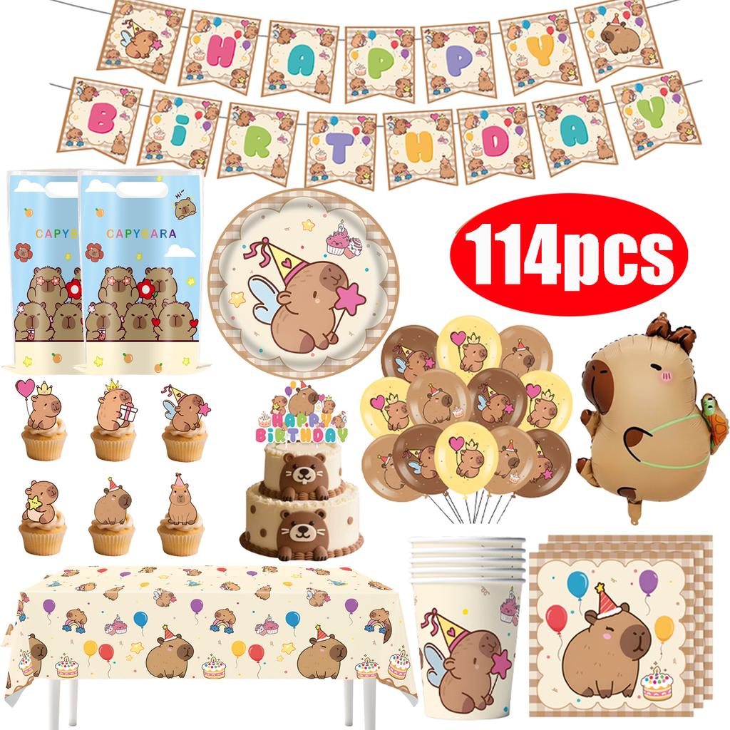 Capybara Disposable Tableware Set  Birthday Party Capybara Tablecloth Cups Plates Napkin Banner Cake Topper Kids Party Supplies