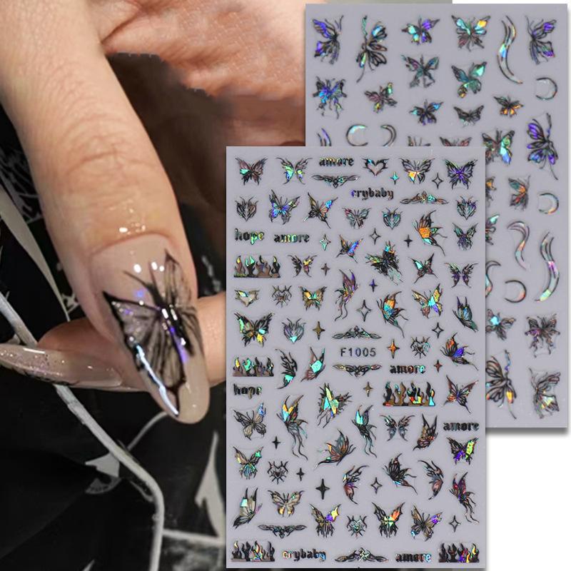 1PCS Black White Butterfly Laser Nail Stickers Nail Art Decoration Abstract Lines Bronzing Flowers Stickers For Nails