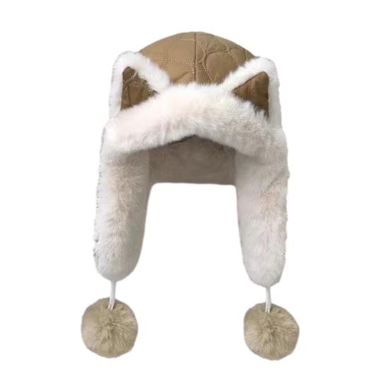 Lei Feng Hat Soft Plush Fox Ear Design Warm Imitation Rex Rabbit Fur Velvet Lined Adjustable Elastic Fit Riding Hat