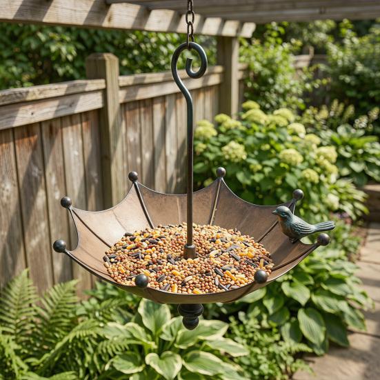 Outside Umbrella Bird Feeder Weather-proof Metal Hanging Outdoor Garden Patio Yard Hanging Bird Bath Feeding Bowl Decoration