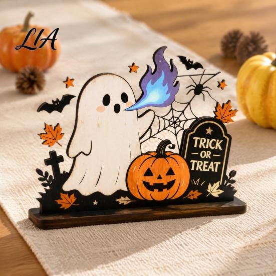 Festive Entryway Countertop Accents Halloween Ghost Ornaments with Pumpkin Tombstone and Bat Elements, Wooden Gift for Home Decor Tabletop Decorations