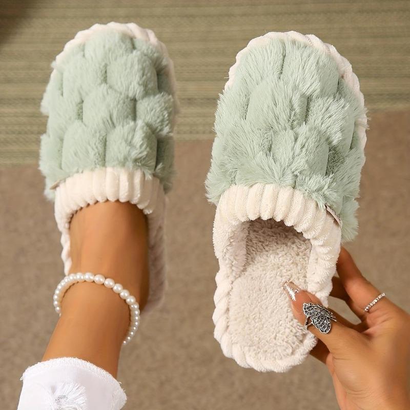 New Faux Fur Slippers Casual Slip On Plush Lined Comfortable Indoor Home Slippers