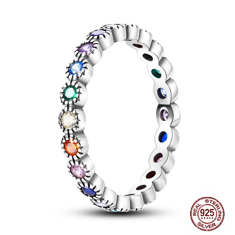 Shine Women koppar Fingerringar 925 Sterling Hjärta Krona Glöd Eldfluga Stjärna Sol Tusensköna Stapelbar Originalring Årsdag Zirkon