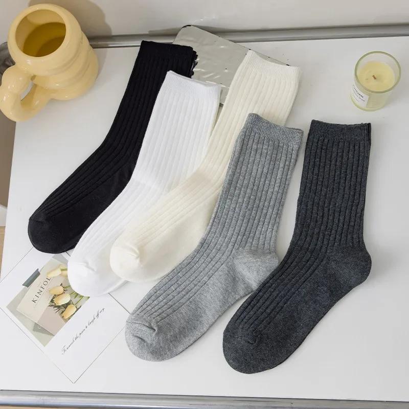 

5 Pairs Women s Plain Color Mid-Calf Socks, Fall/Winter Fine Stripe Stacked Socks, For Everyday Wear Use, Casual Style.