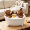 Animal Decors Resin High Land Cow Figurine with Bathtub Scene for Shelf or Entryway Table, Home Accent for Desk Display Area