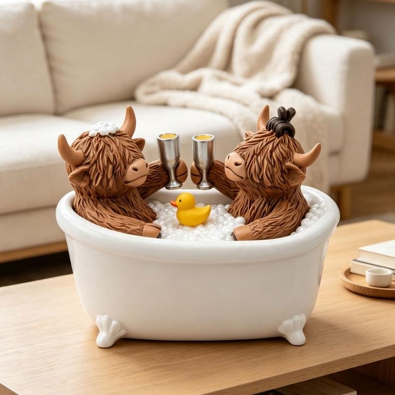 Animal Decors Resin High Land Cow Figurine with Bathtub Scene for Shelf or Entryway Table, Home Accent for Desk Display Area