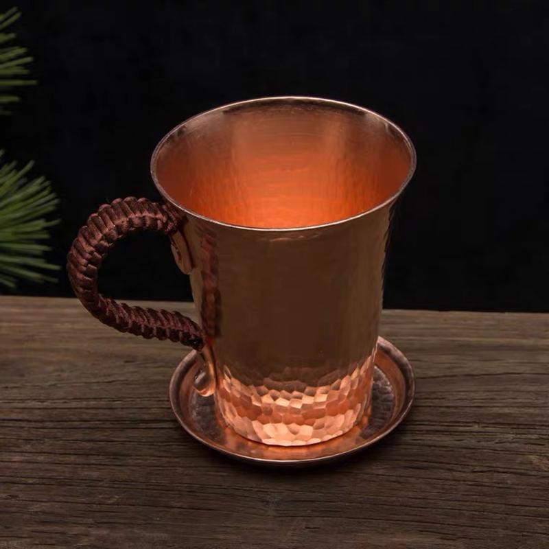 Pure Copper Beer Coffee Cup And Cover Disc Milk Mug Retro Handcrafted Weave Handle 350ml Drinking Cups Drinkware Couple Gifts