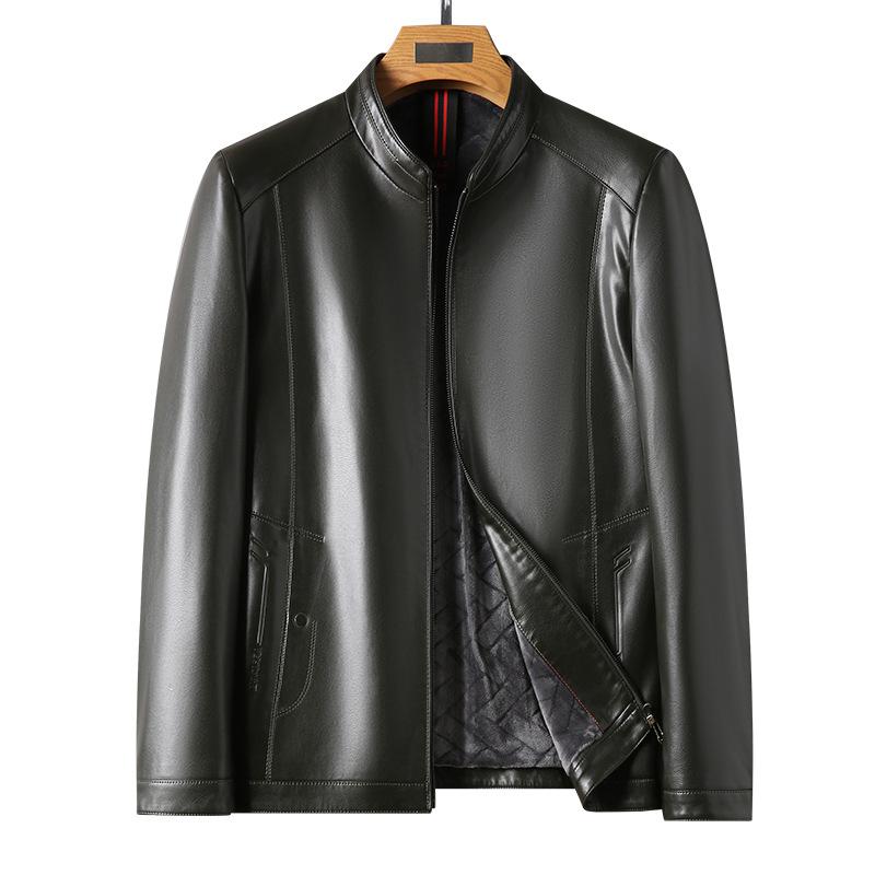 Plyšová kožená bunda pro muže na podzim a zimu Nový stojatý límeček Bunda z měkké kůže pro muže středního věku Volná ležérní kožená bunda