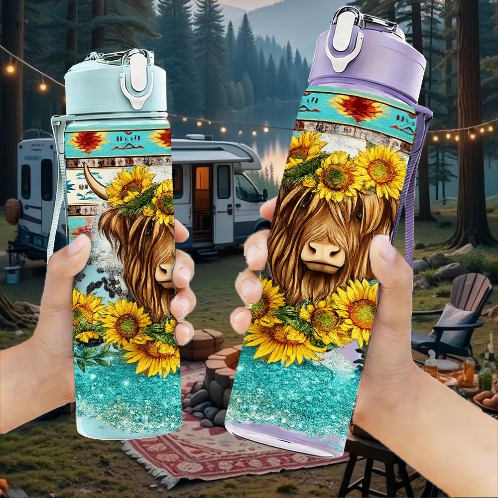 1PC Sunflower Highland Cow Farm Print 750ml Color Plastic Sports Water Bottle Leakproof Flip Straw Lid Suitable for Sports Office Home Use