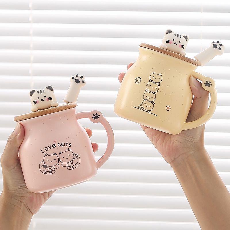 Cute Cartoon Cat Ceramic Mug with Lid and Spoon – Breakfast Coffee Cup