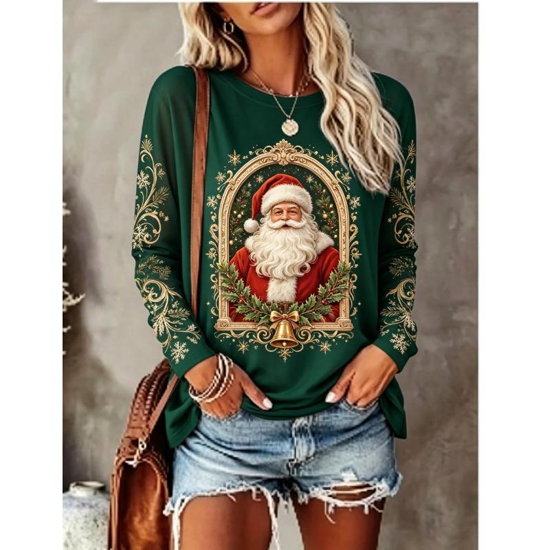 Women Long Sleeve T Shirt Christmas Teddy Bear Wreath Snowflake Vintage Frame Print Crew Neck Casual Tops