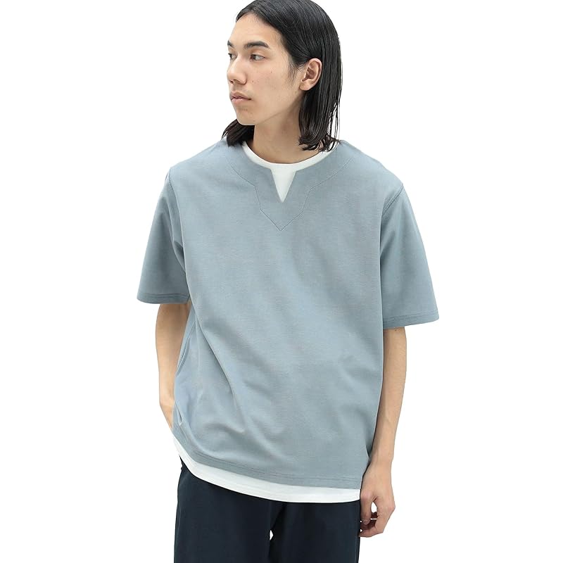 

[Beams Heart] Absorbs water and dries quickly, cool to the touch S/S TEE slit neck fake layer T-shirt men s SMOKE_BLUE M 42040331286